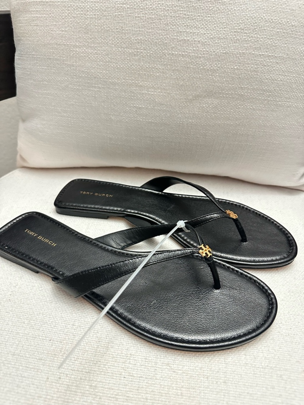 Tory Burch Black Leather Thong Sandals with Gold Logo